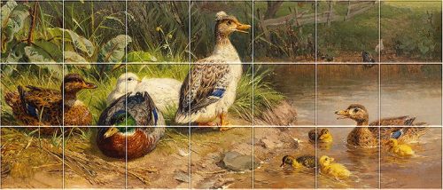 Tile mural with wild ducks, ducklings and pondside countryside scenery